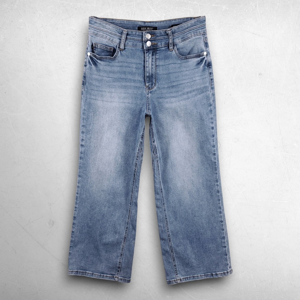 Judy Blue Double Button Wide Crop Jeans Women 9/29 Blue Y2K Coastal Boho Denim